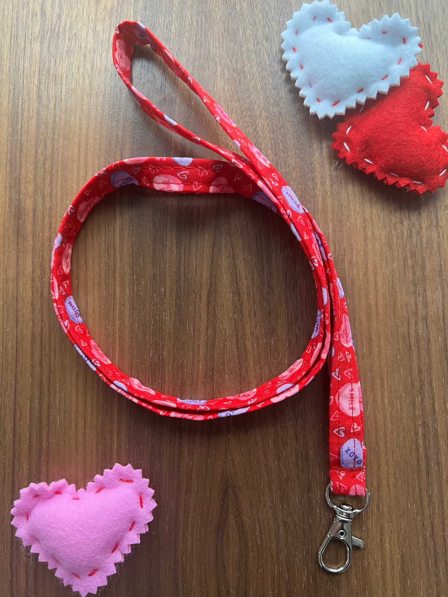 Conversation Hearts on Red Fabric Lanyard-Valentine Collection