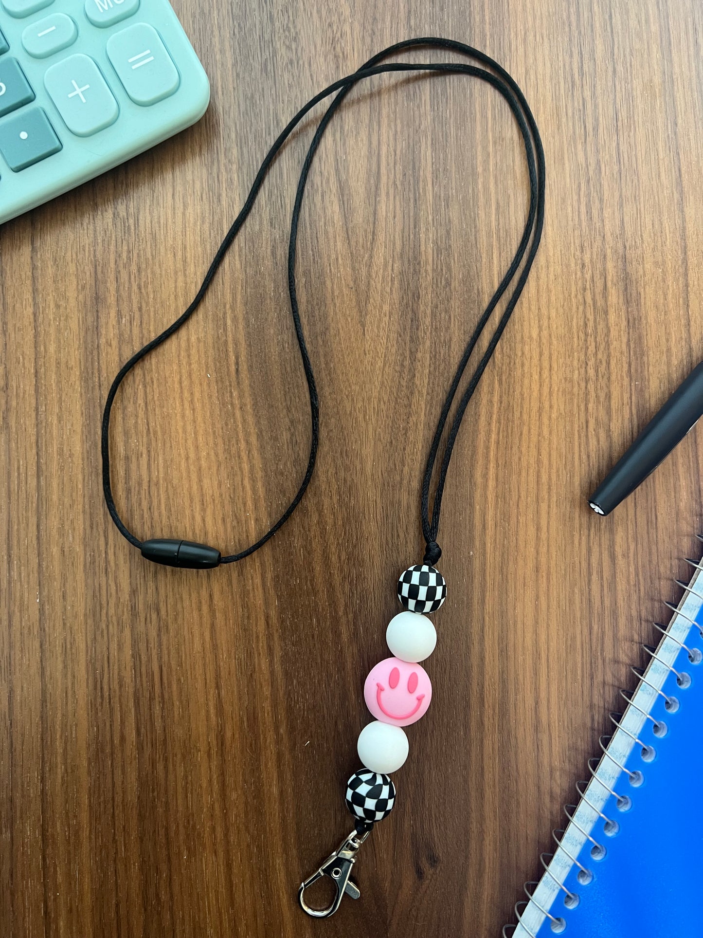 Checkered Smiley Silicone Beaded Lanyard
