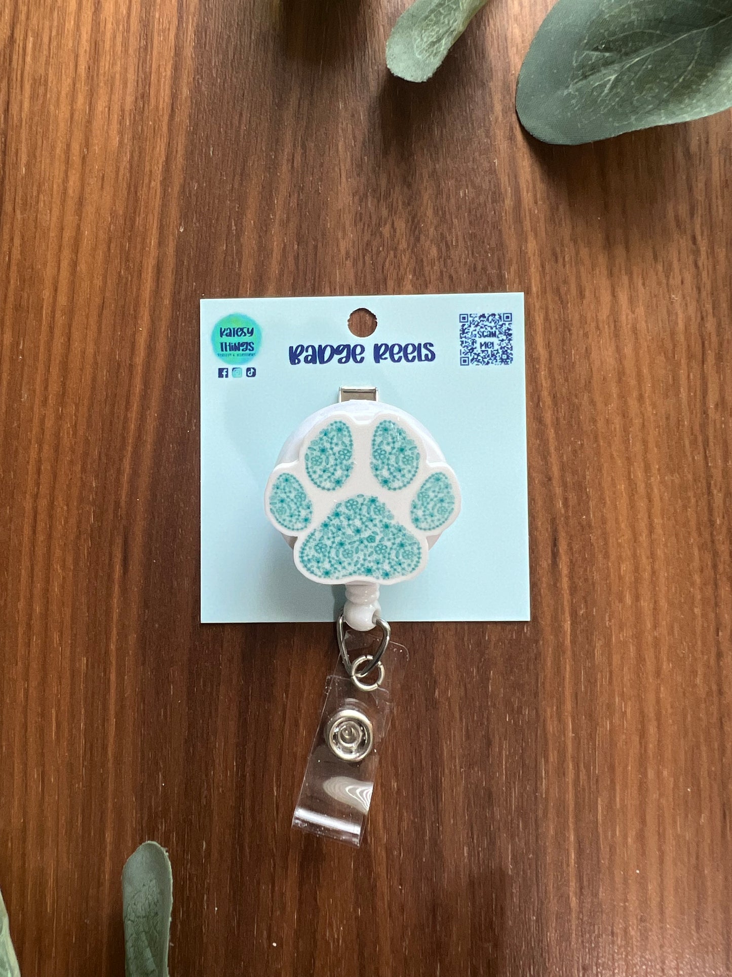 Teal Floral Paw Print Badge Reel
