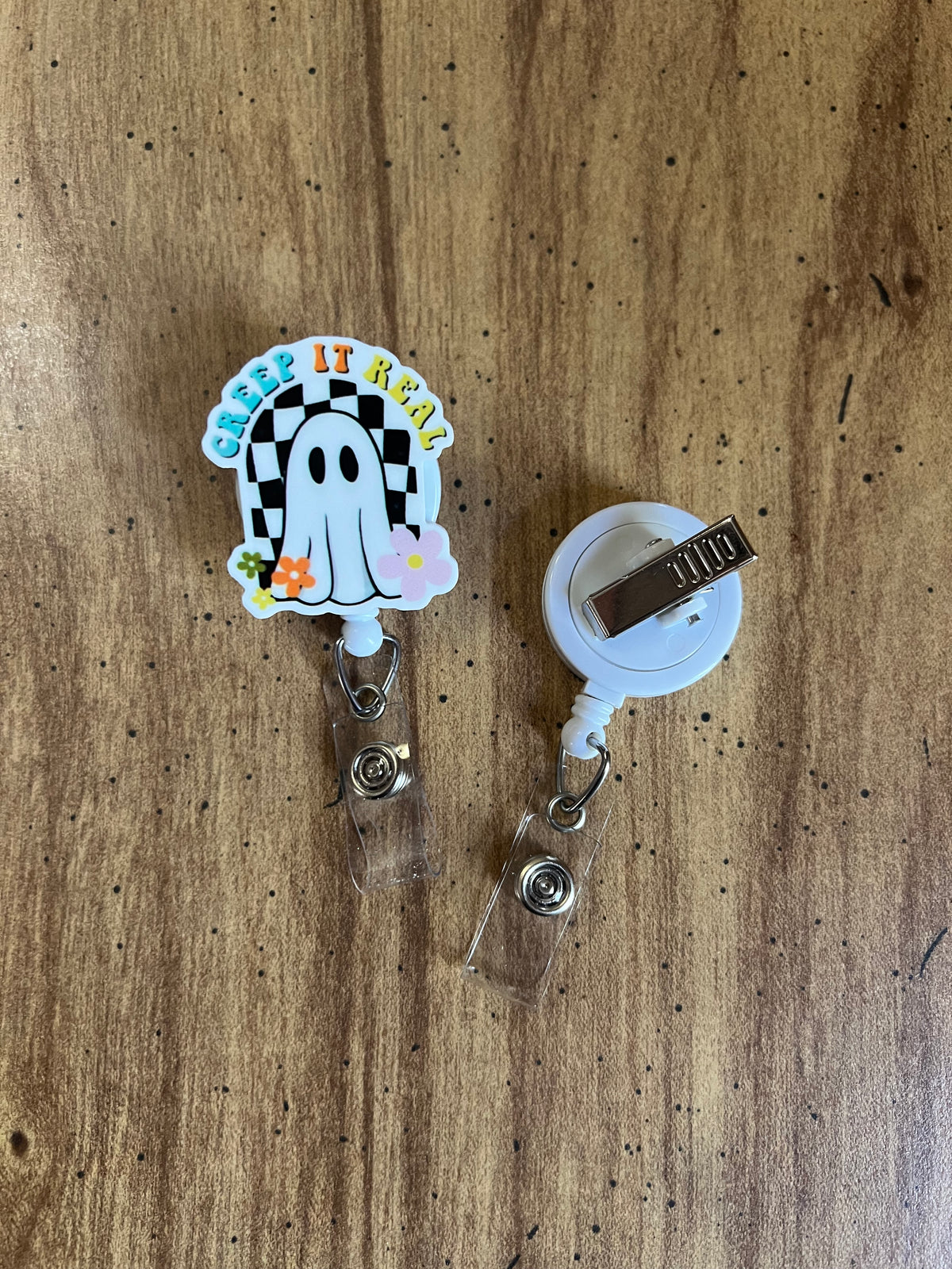 Creep it Real Checkered Ghost Badge Reel - Spooky Collection