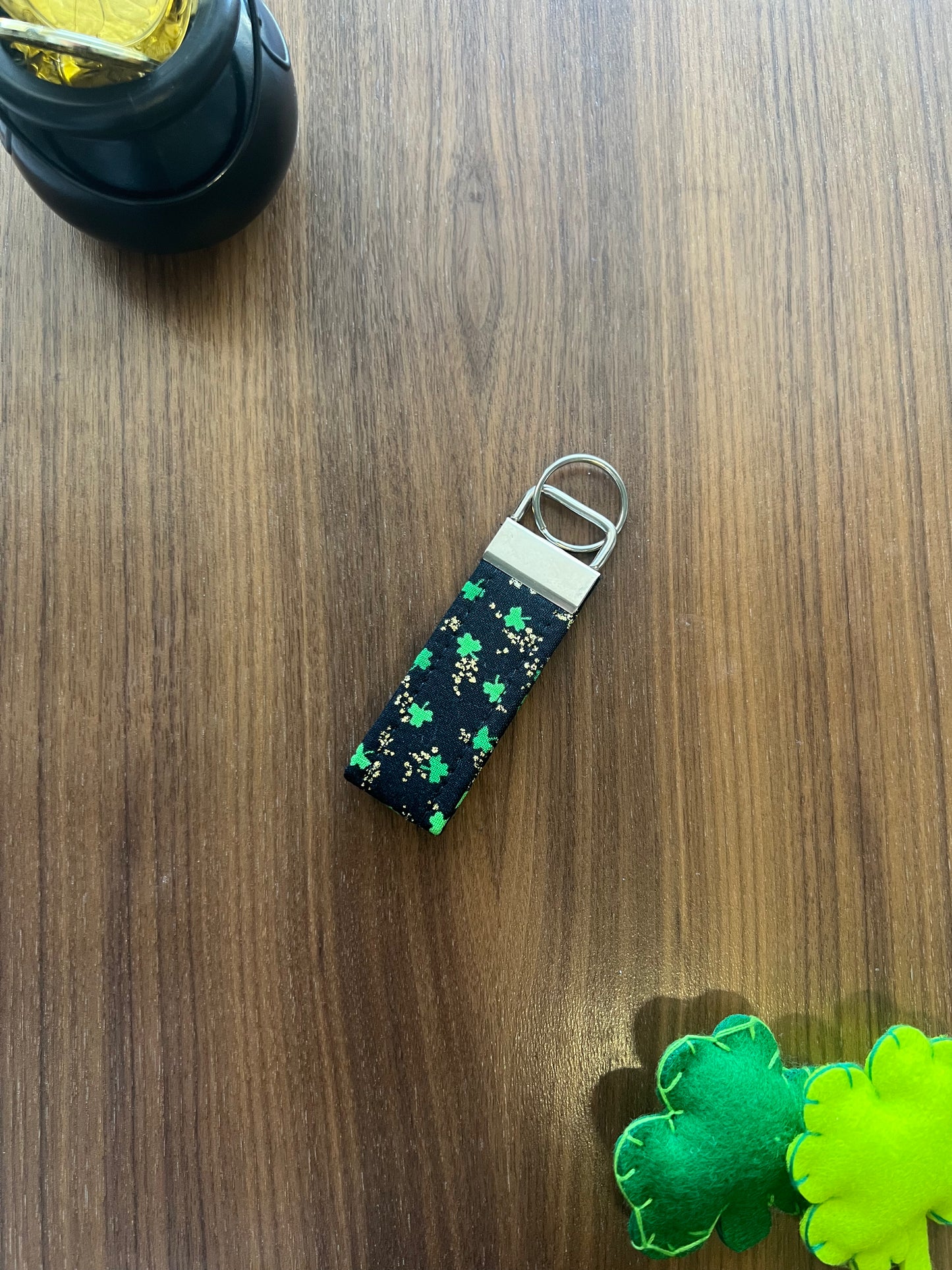 Green Clovers with Gold on Black Fabric Key Fob-Lucky Collection