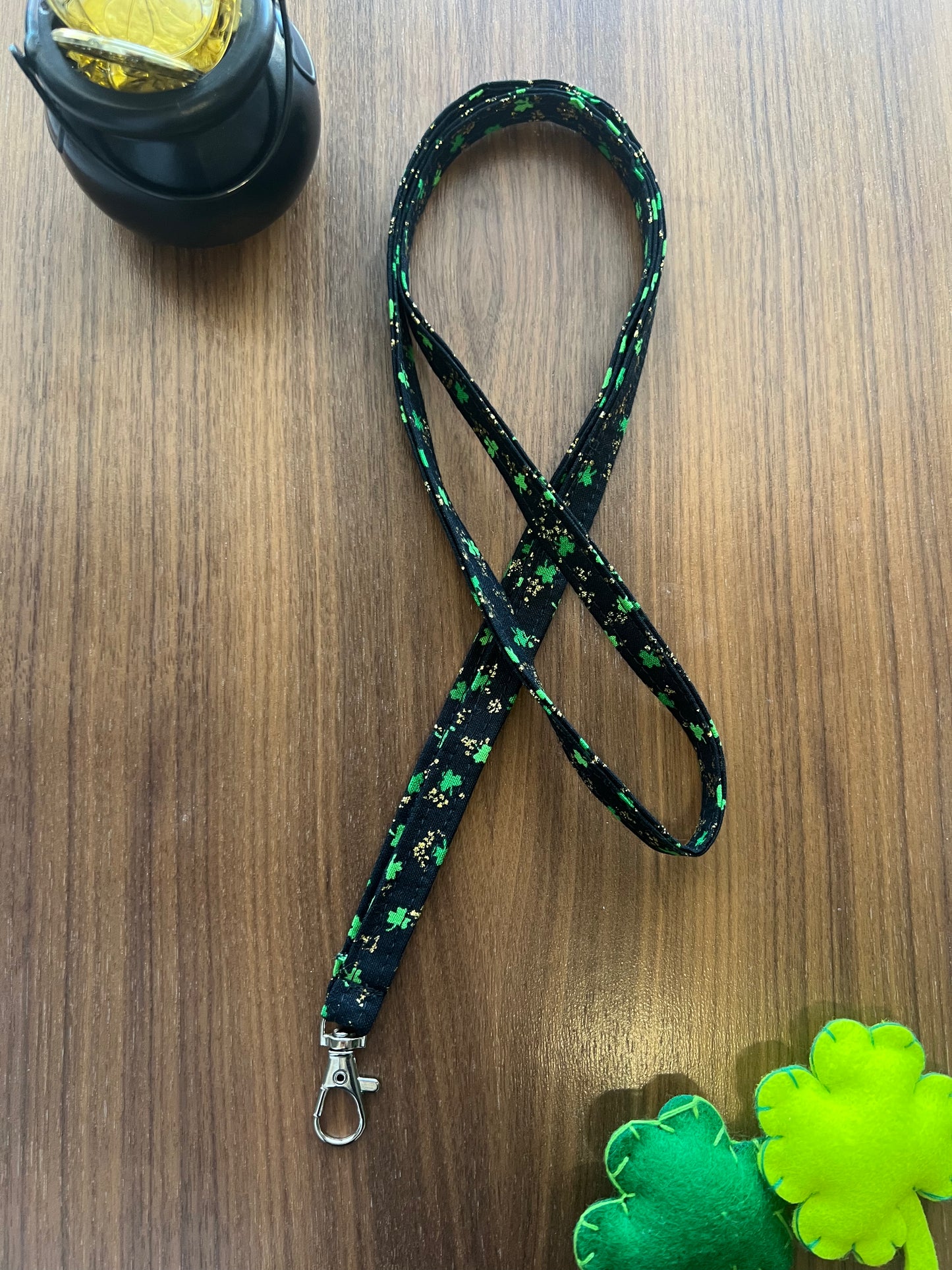Green Clover with Gold on Black Fabric Lanyard-Lucky Collection