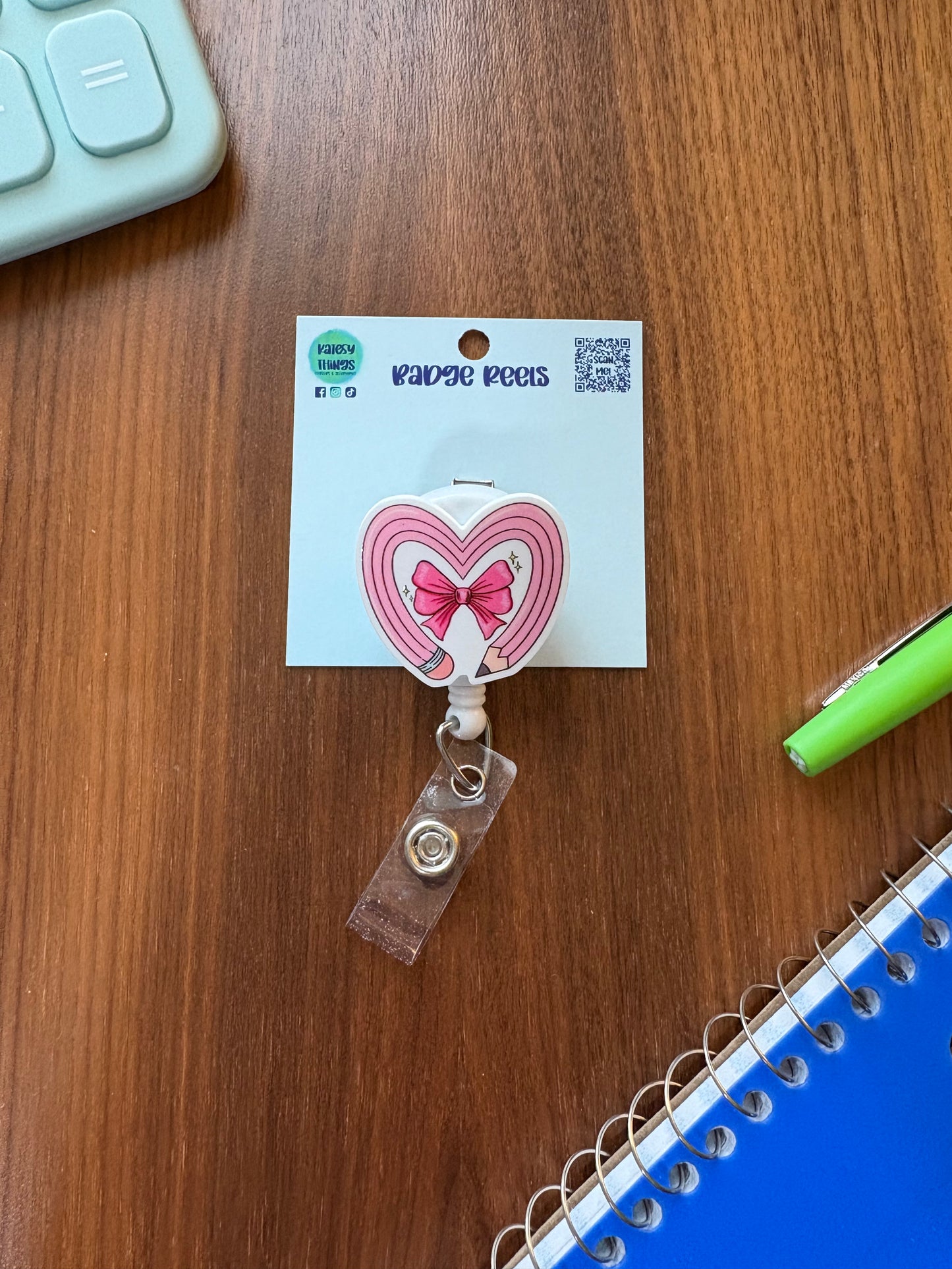 Pink Pencil Heart & Bow-Teacher Badge Reel