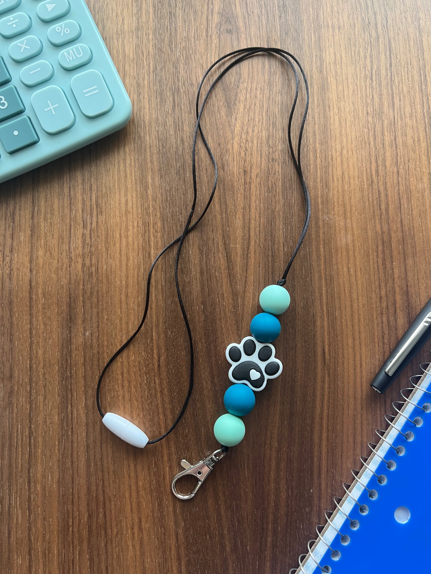 Teal Paw Print Silicone Beaded Lanyard