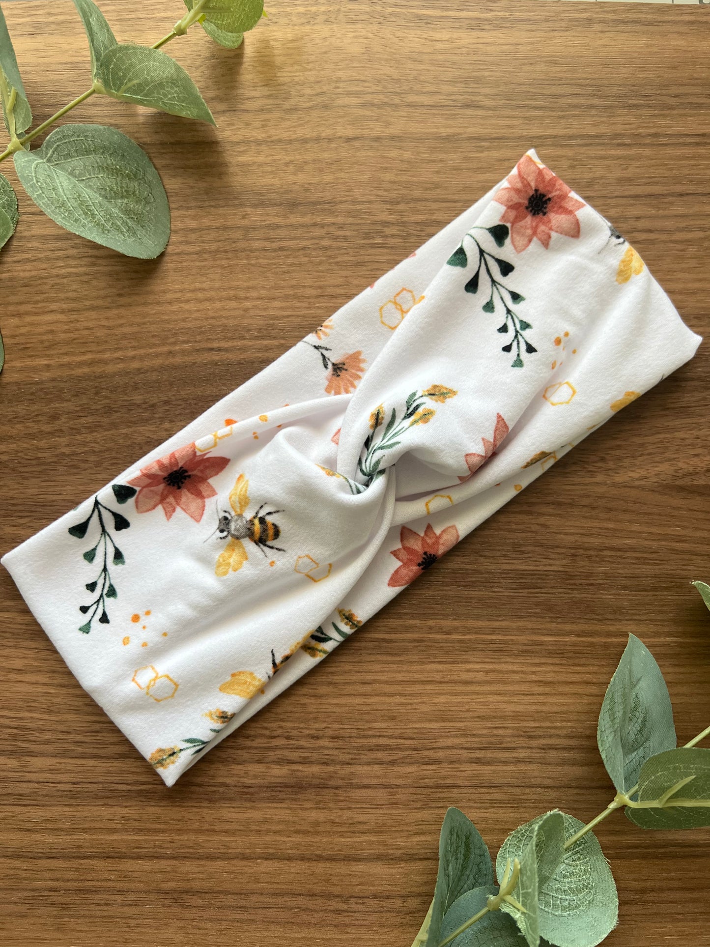 White Floral with Bees Twist Knot Headband