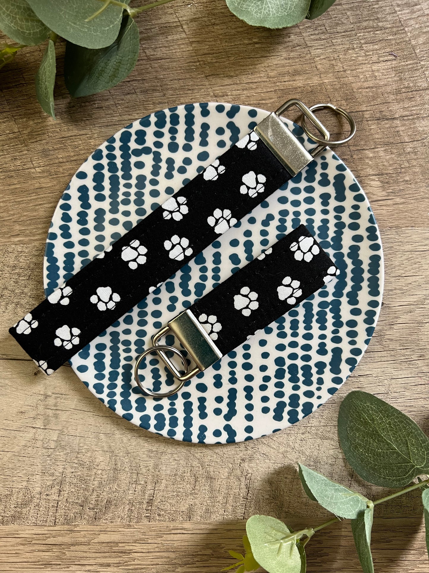 Paw Print Black Cotton Key Fob - Wristlet and Mini Option, 1” Wide