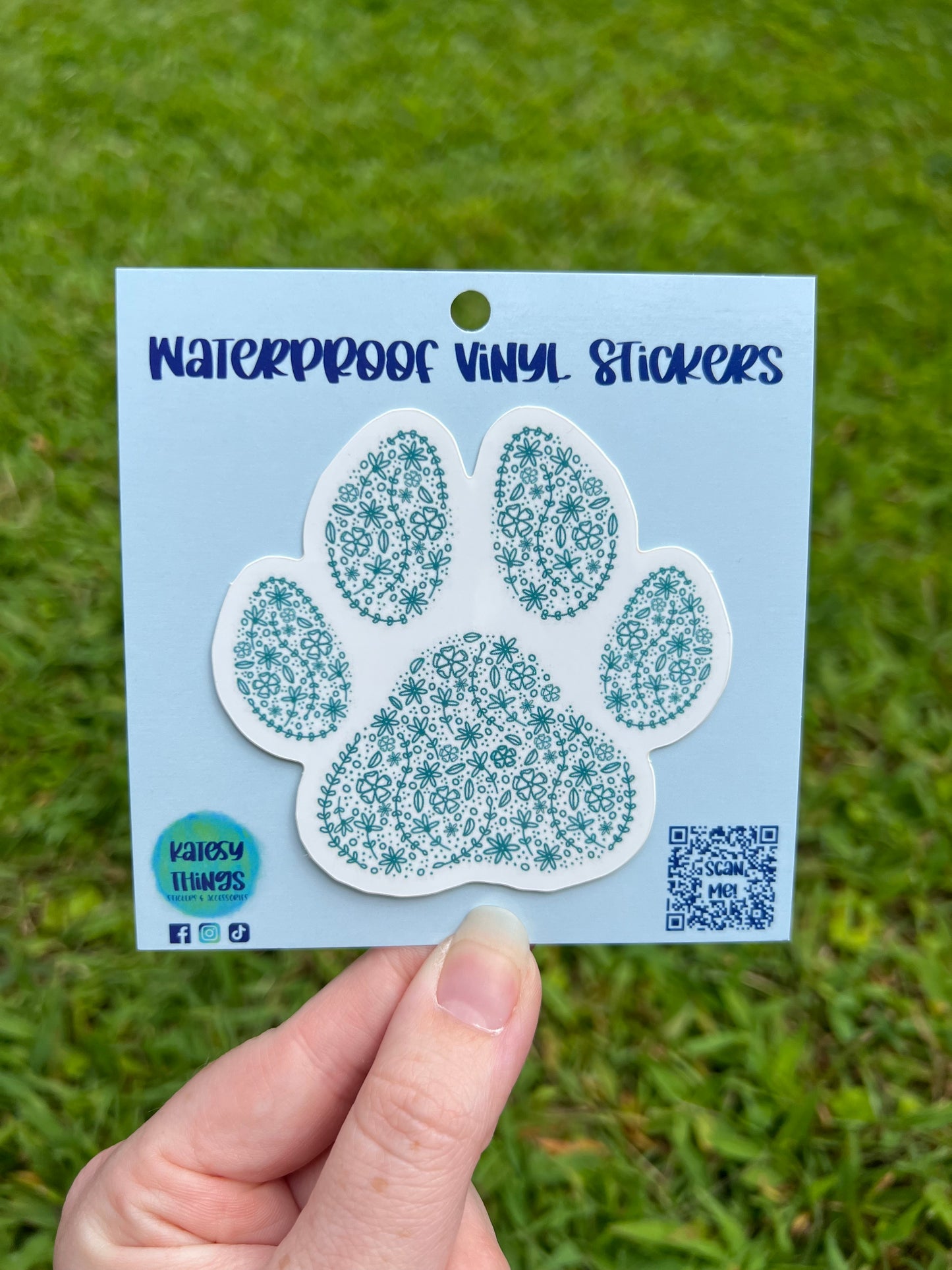 Floral Teal Paw Print Vinyl Sticker