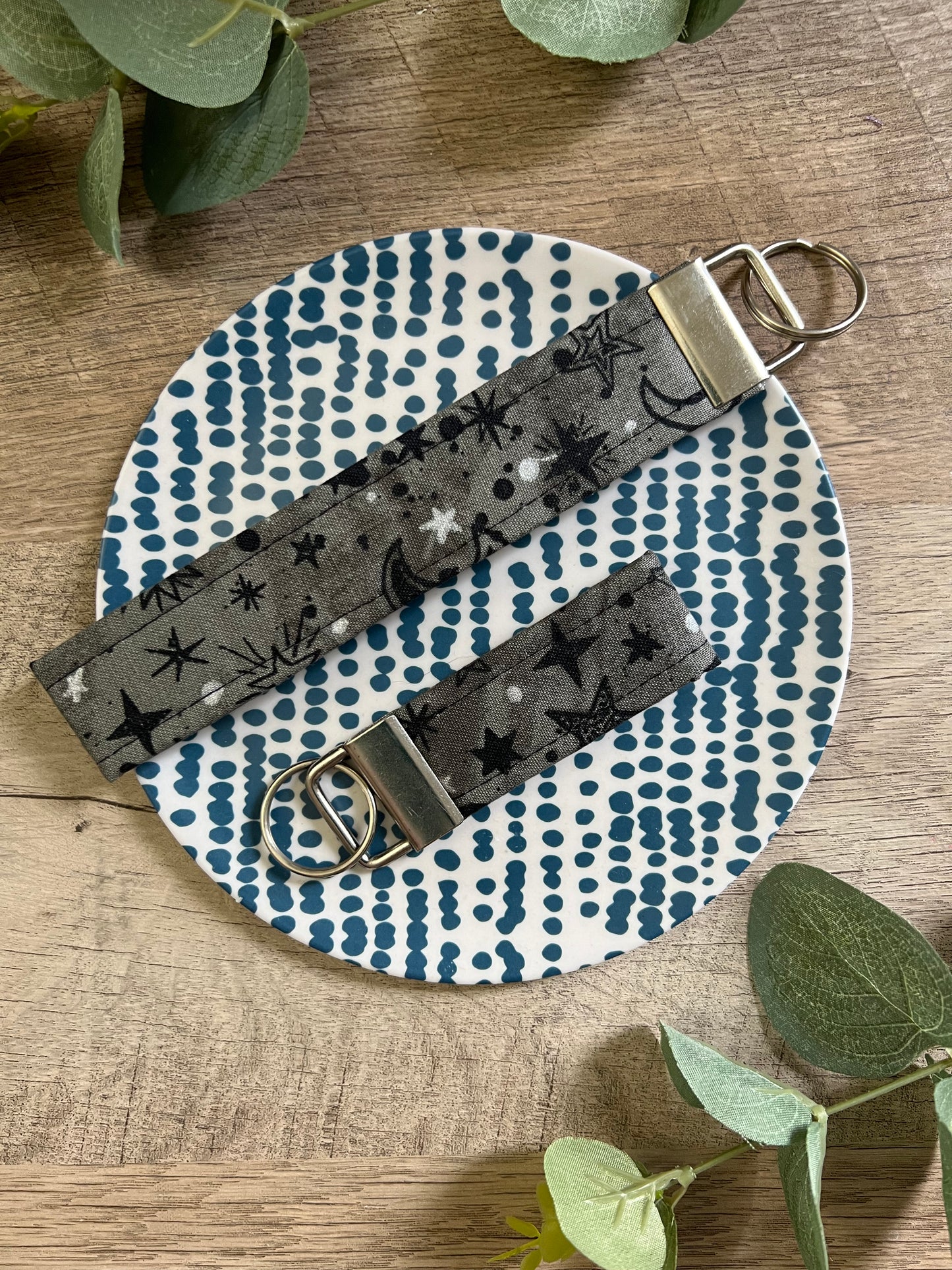 Moon and Stars Fabric Key Fob - Wristlet and Mini Option - 1" Wide