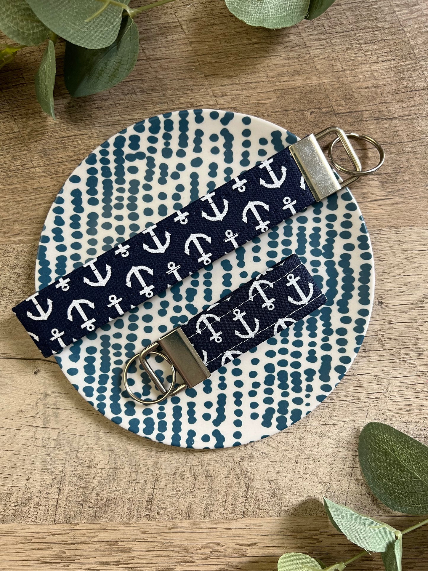 Navy Blue and White Anchors Fabric Key Fob - Wristlet and Mini Option - 1” Wide - Summer Collection