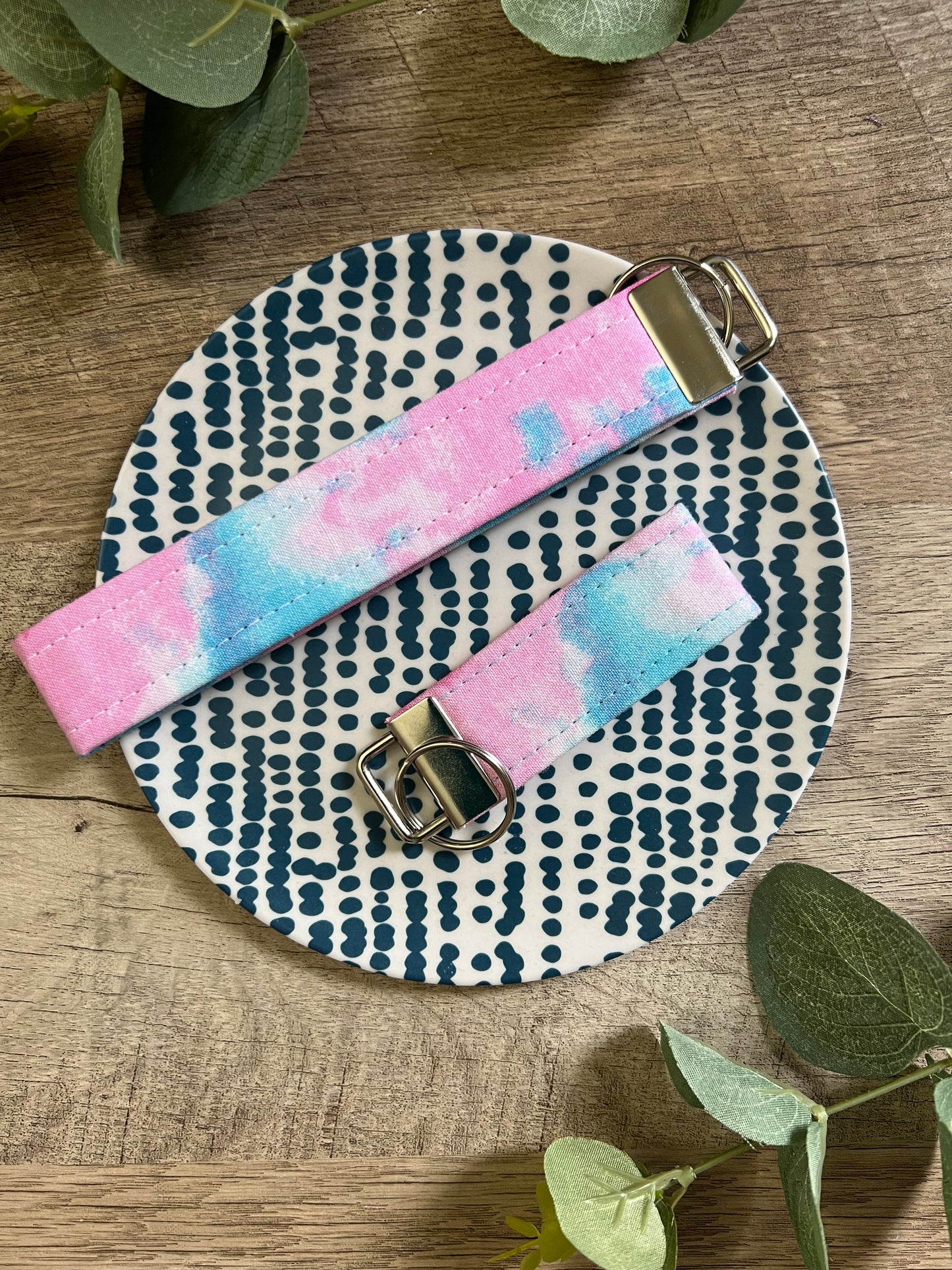 Blue & Pink Watercolor Fabric Key Fob - Wristlet and Mini Option - 1" Wide