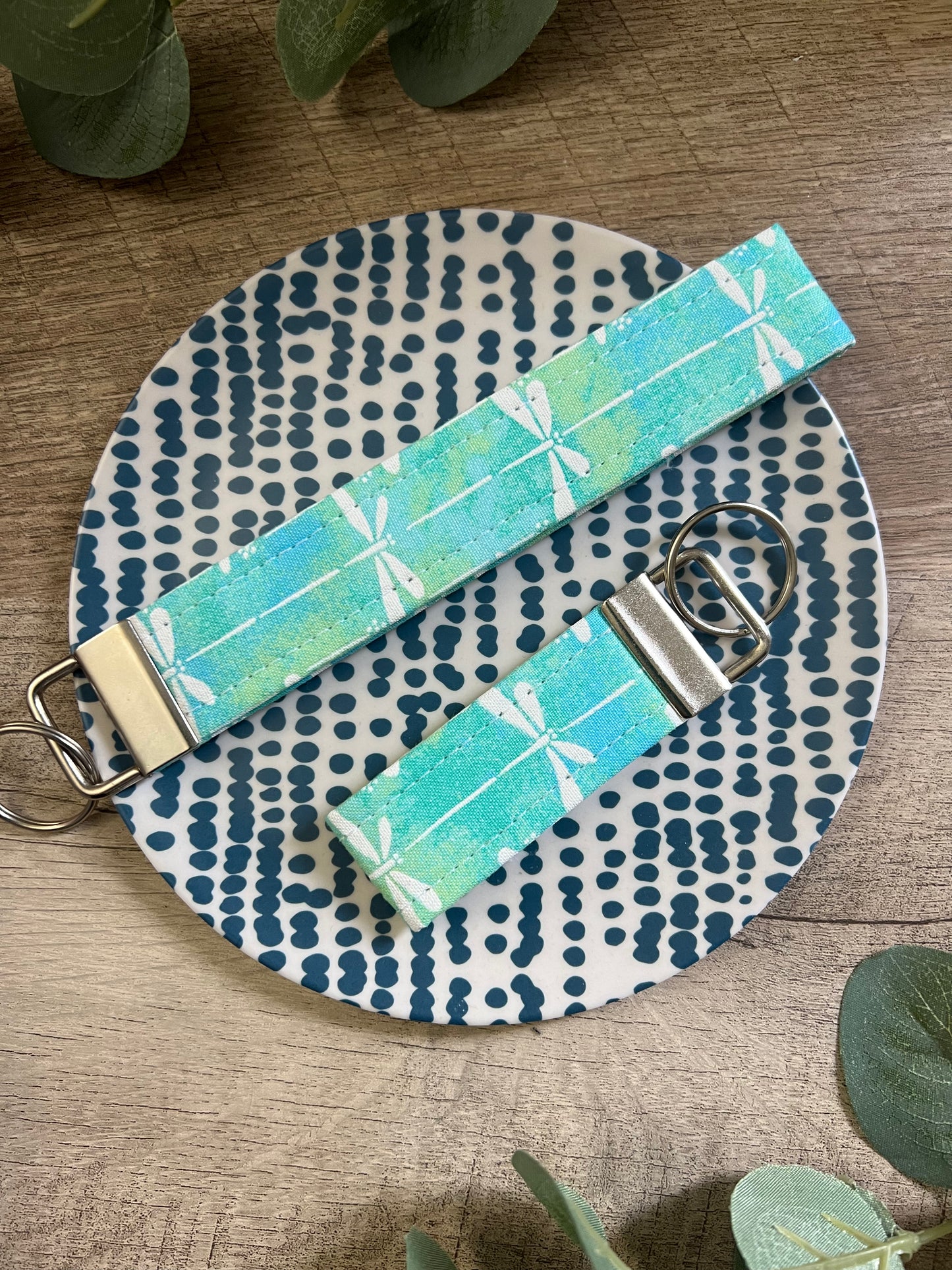 Blue & Green Dragonfly Cotton Key Fob - Wristlet and Mini Option - 1” Wide