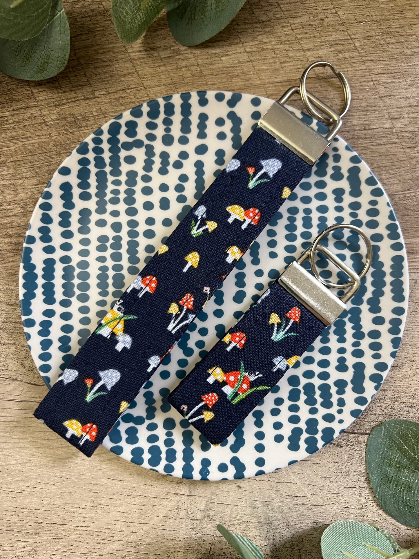 Mushrooms on Navy Blue Cotton Key Fob - Wristlet and Mini Option - 1” Wide