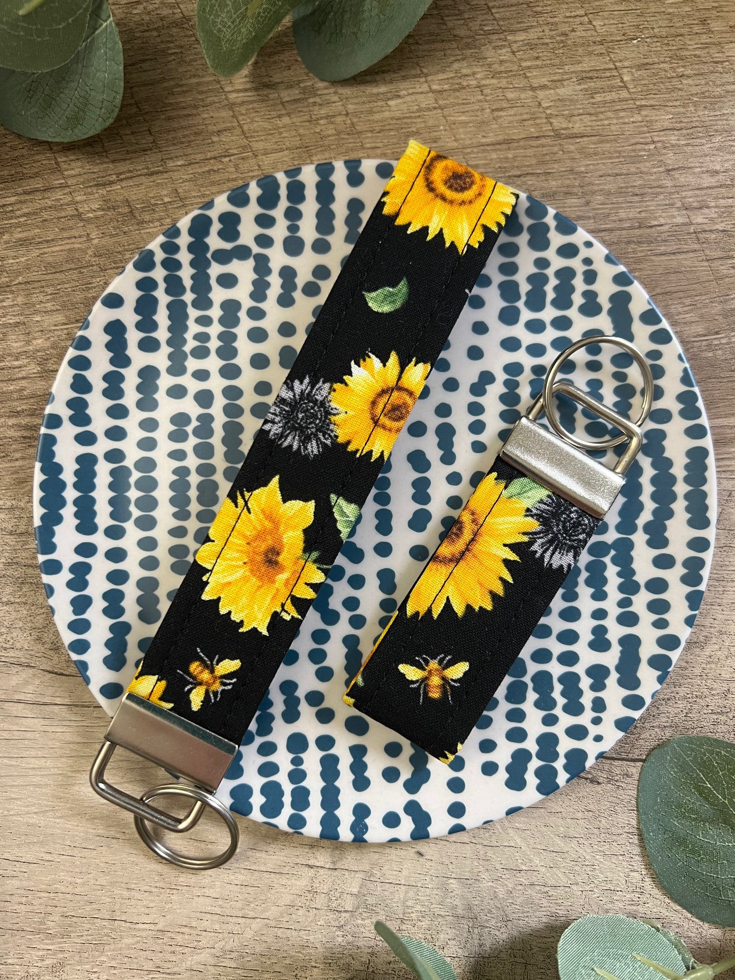 Sunflower & Bees Cotton Key Fob - Wristlet and Mini Option - 1” Wide