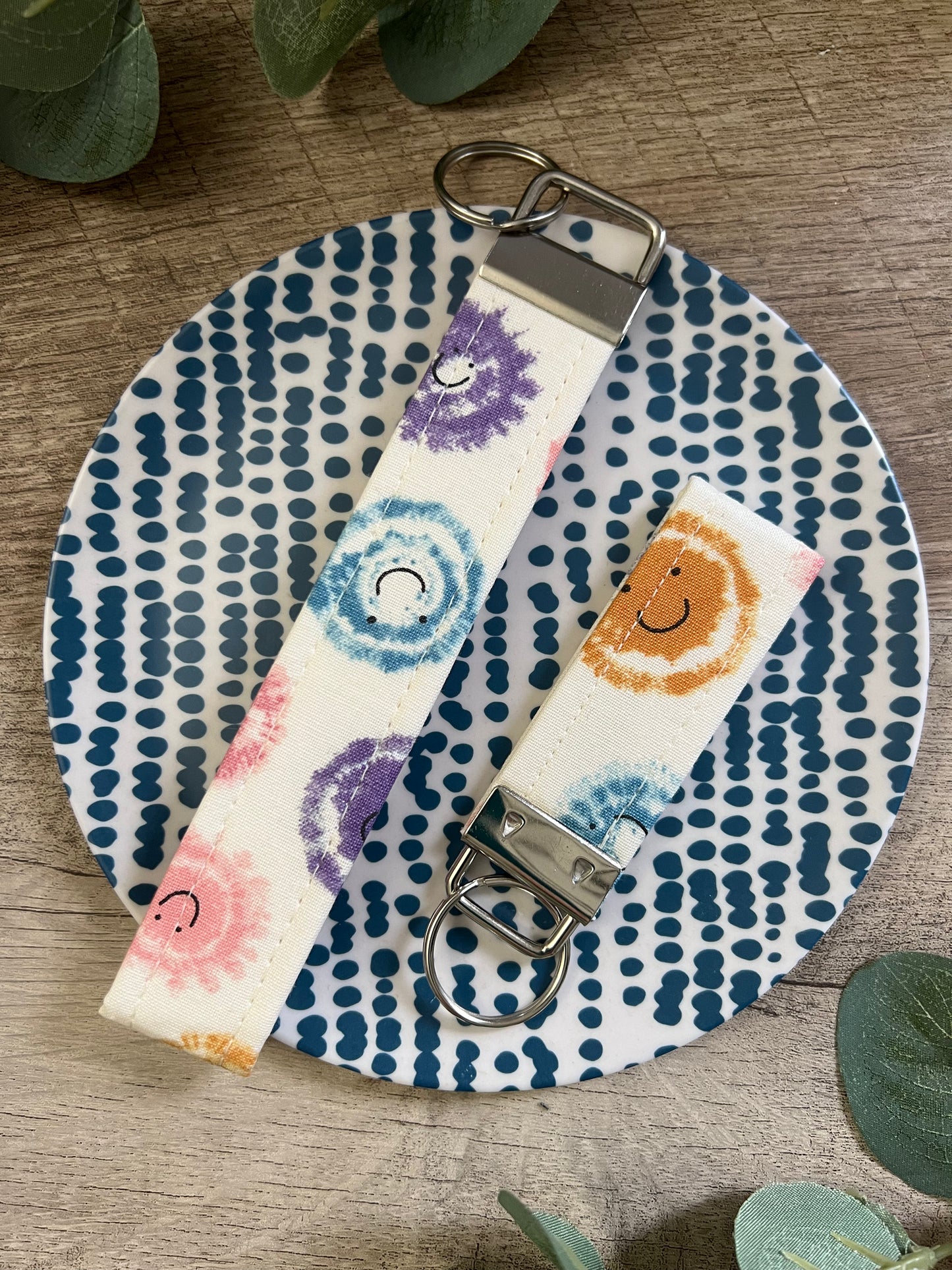 Tie Dye Smiley Faces Cotton Key Fob - Wristlet and Mini Option - 1” Wide