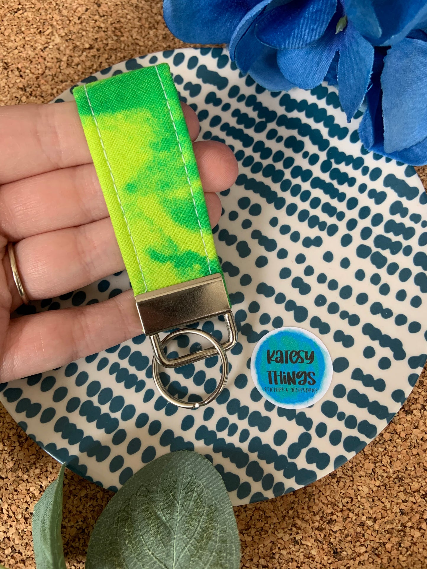 Green Watercolor Fabric Key Fob - Wristlet and Mini Option - 1” Wide