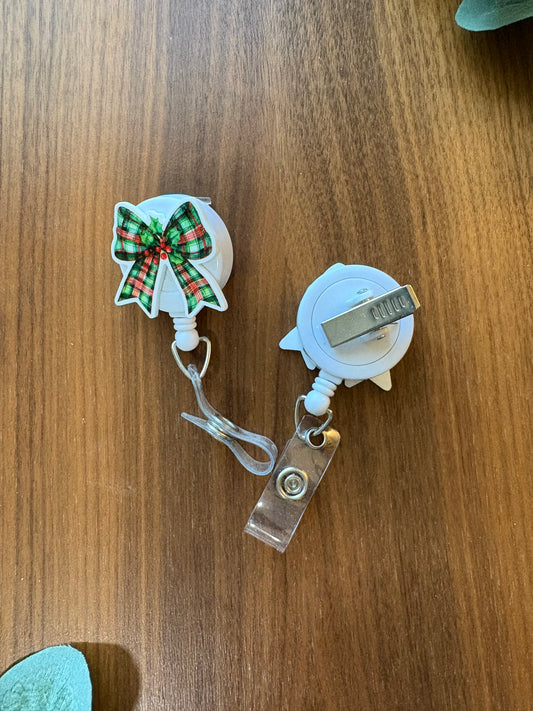 Green Plaid Bow Badge Reel - Holiday Collection