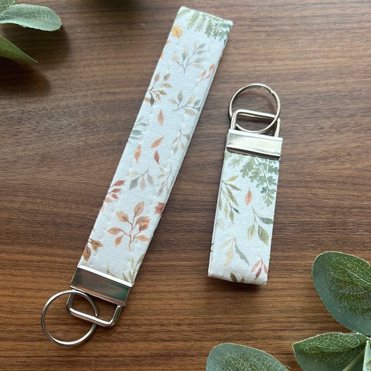Ivory with Greenery Cotton Key Fob - Wristlet and Mini Option - 1” Wide