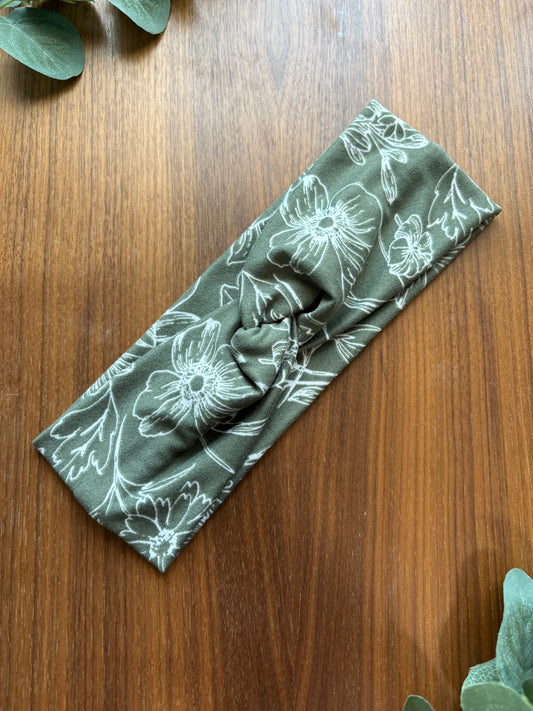 Olive Green and White Floral Twist Knot Headband