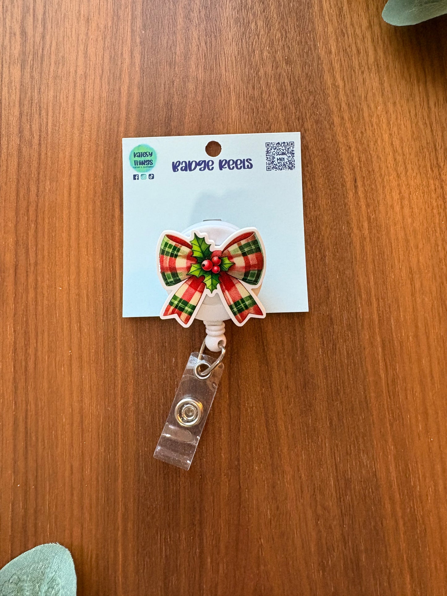 Red Plaid Bow Badge Reel - Holiday Collection