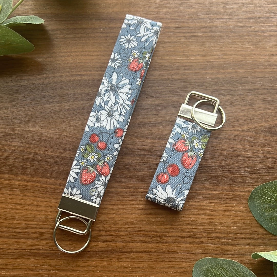 Strawberry and Cherry with Daisies Blue Fabric Key Fob - Wristlet and Mini Option - 1" wide