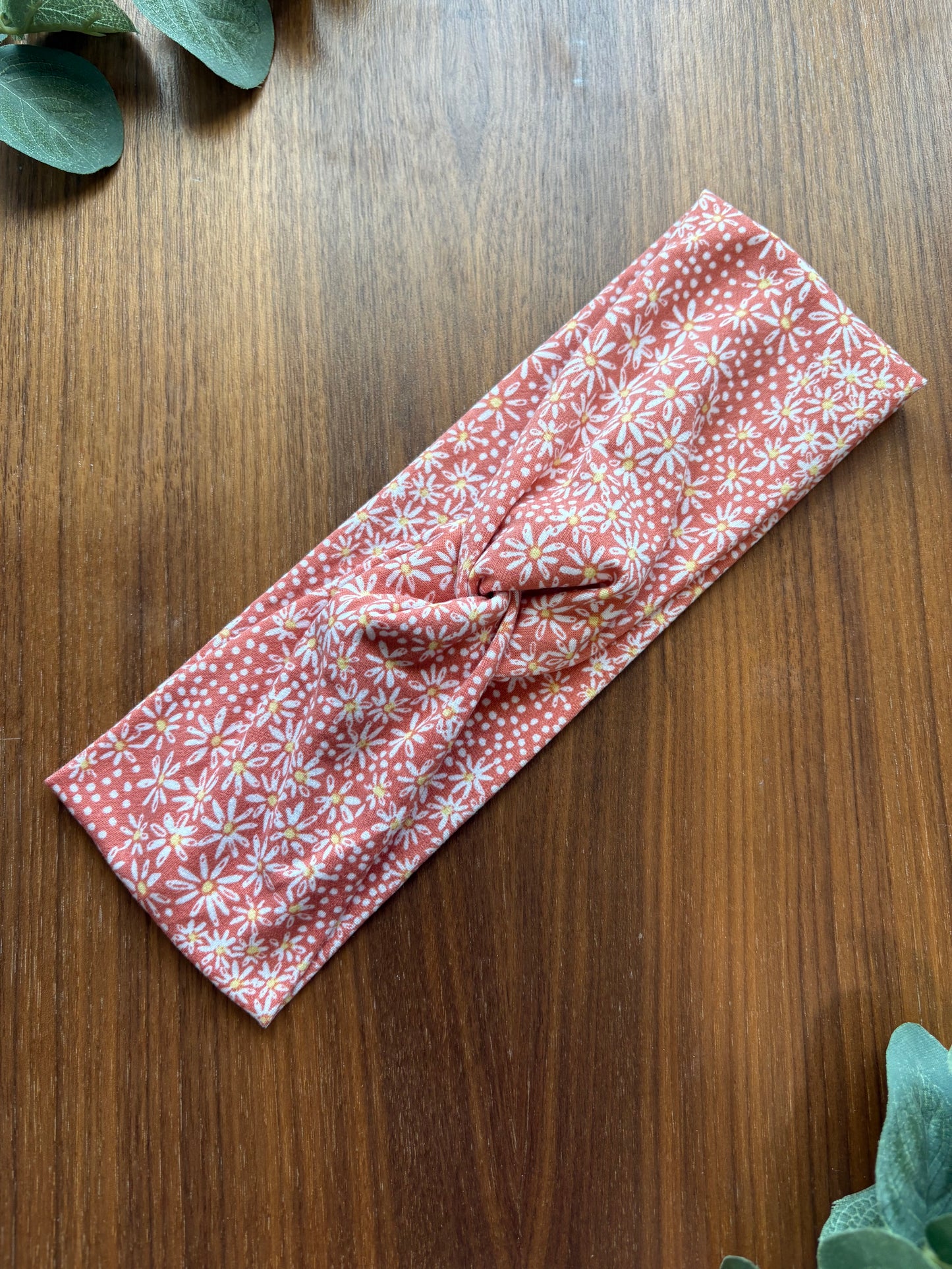 Daisies on Salmon Twist Knot Headband