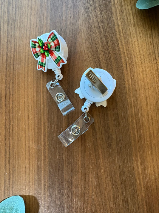 Red Plaid Bow Badge Reel - Holiday Collection