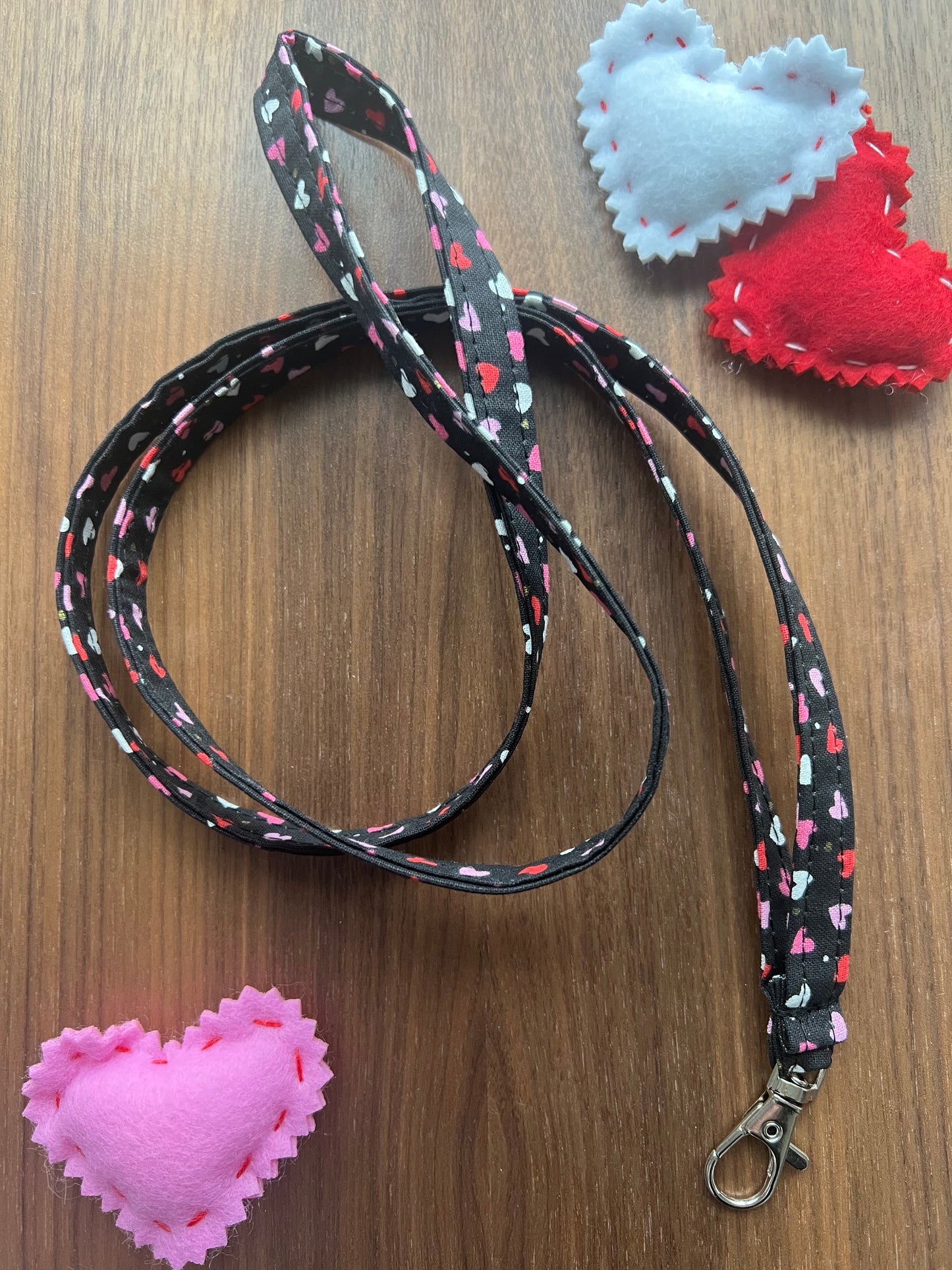 Hearts on Black Fabric Lanyard-Valentine Collection