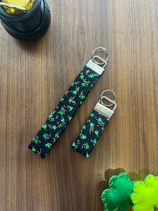 Green Clovers with Gold on Black Fabric Key Fob-Patty's Day Collection