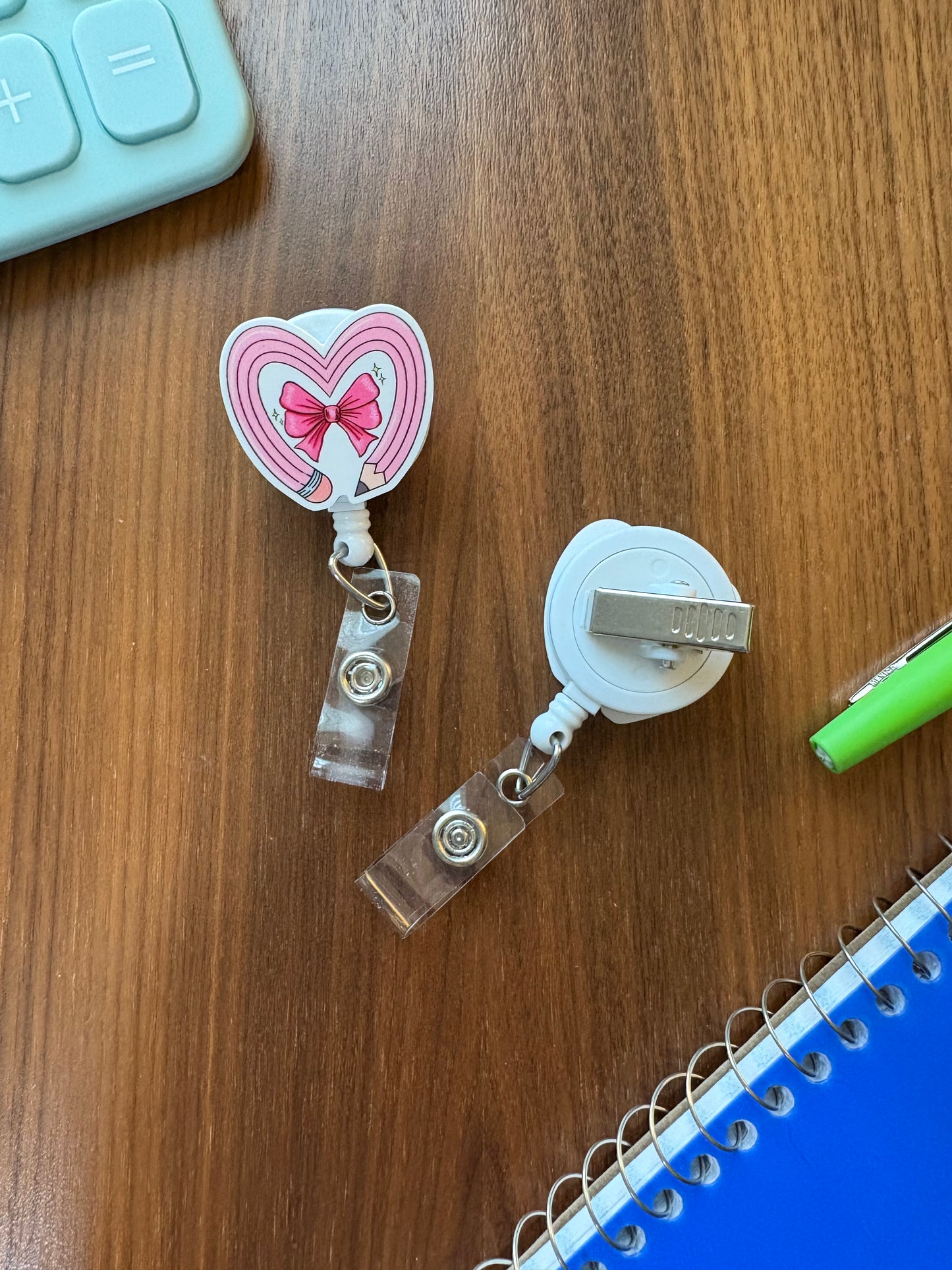 Pink Pencil Heart & Bow-Teacher Badge Reel