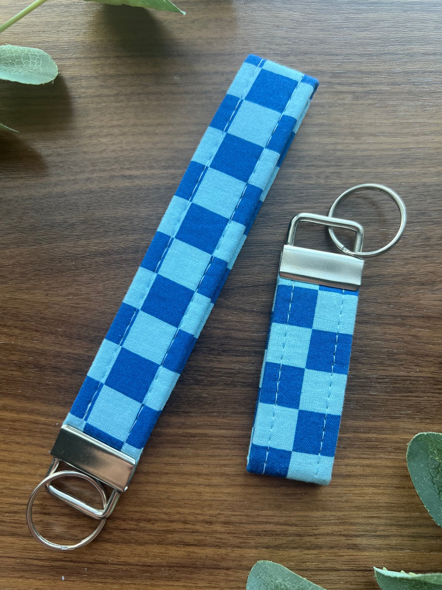 Blue Checkered Fabric Key Fob - Wristlet and Mini Option - 1" Wide