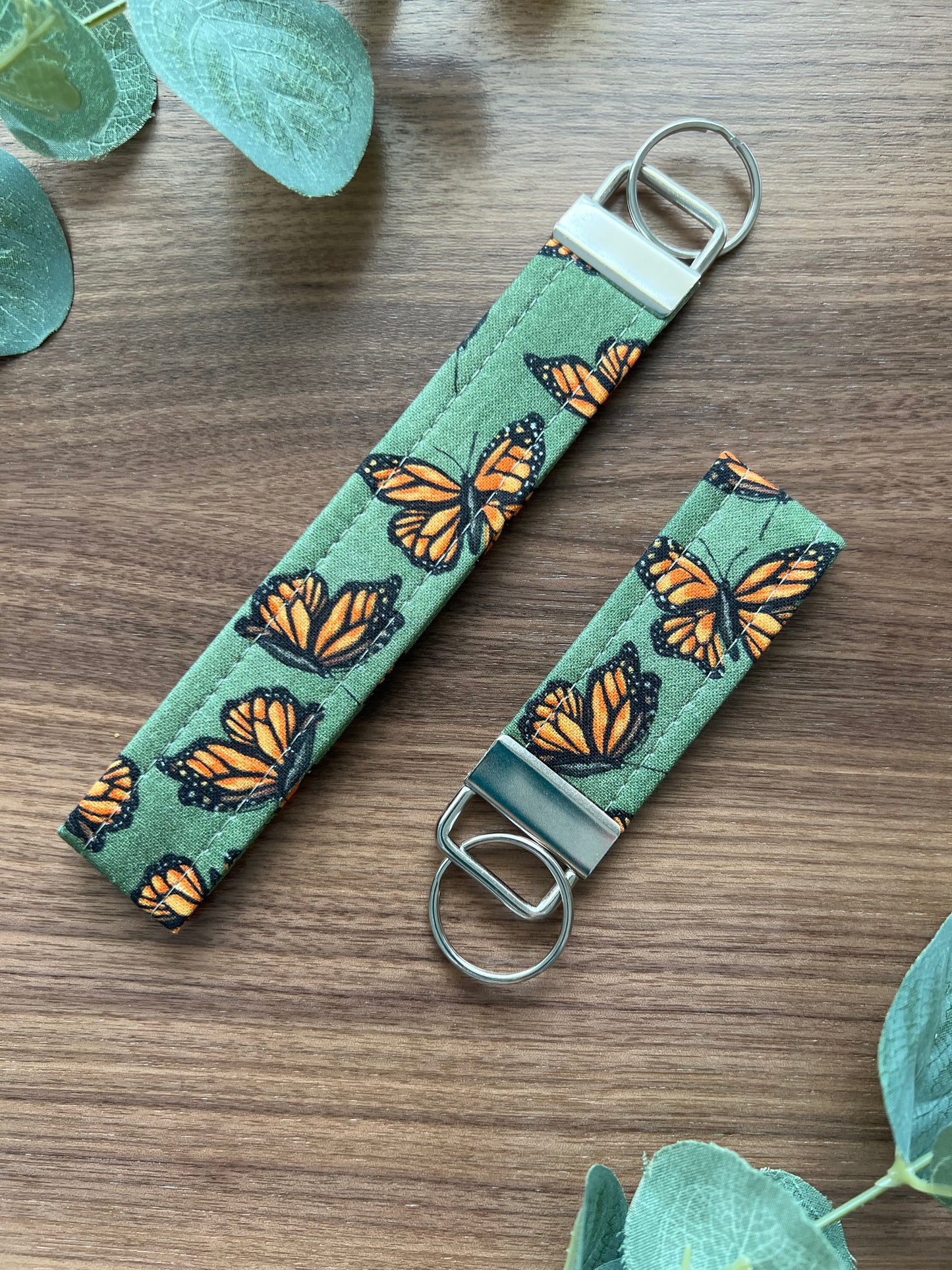 Monarch Butterfly on Green Background Cotton Key Fob - Wristlet and Mini Option - 1” Wide
