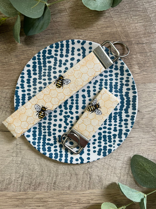 Bee & Honey Comb Fabric Key Fob - Wristlet and Mini Option, 1" Wide