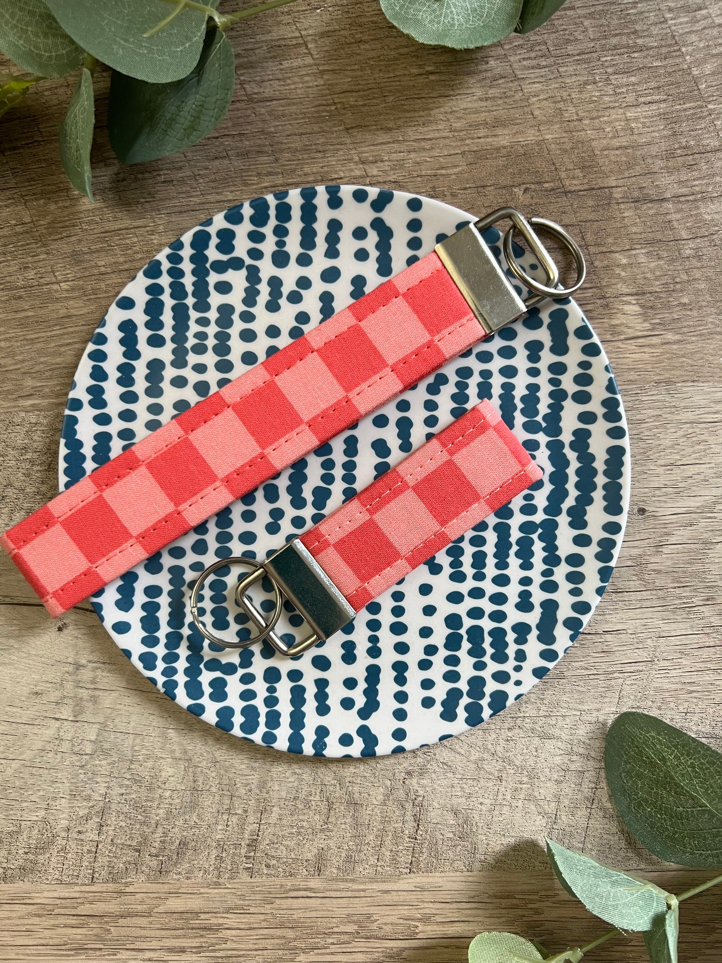 Coral Pink Checkered Fabric Key Fob - Wristlet and Mini Option - 1" Wide