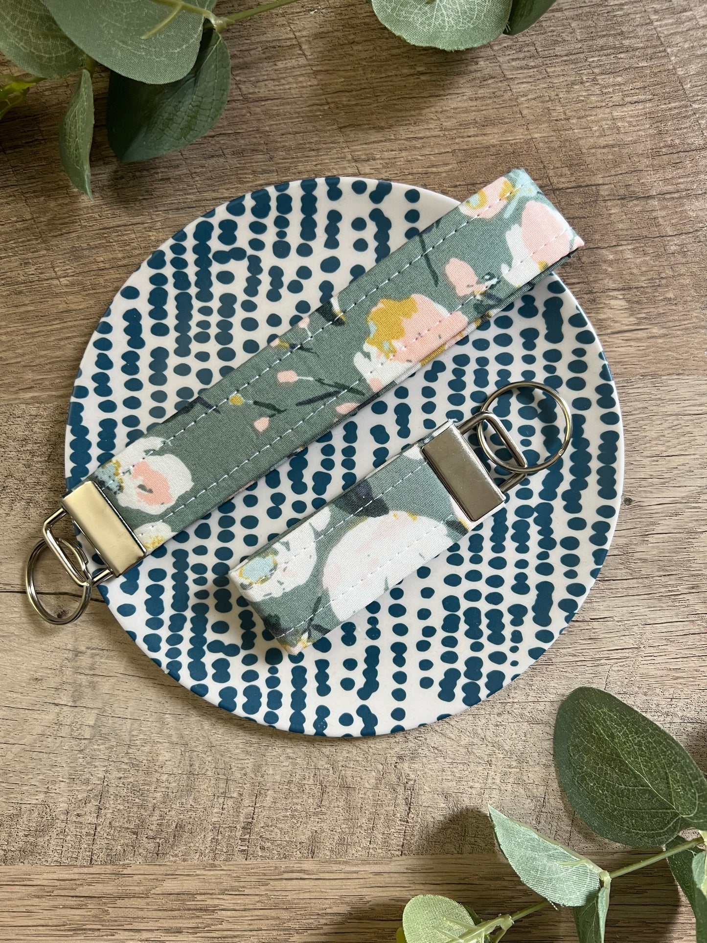 Sage Floral Fabric Key Fob - Wristlet and Mini Option - 1” Wide