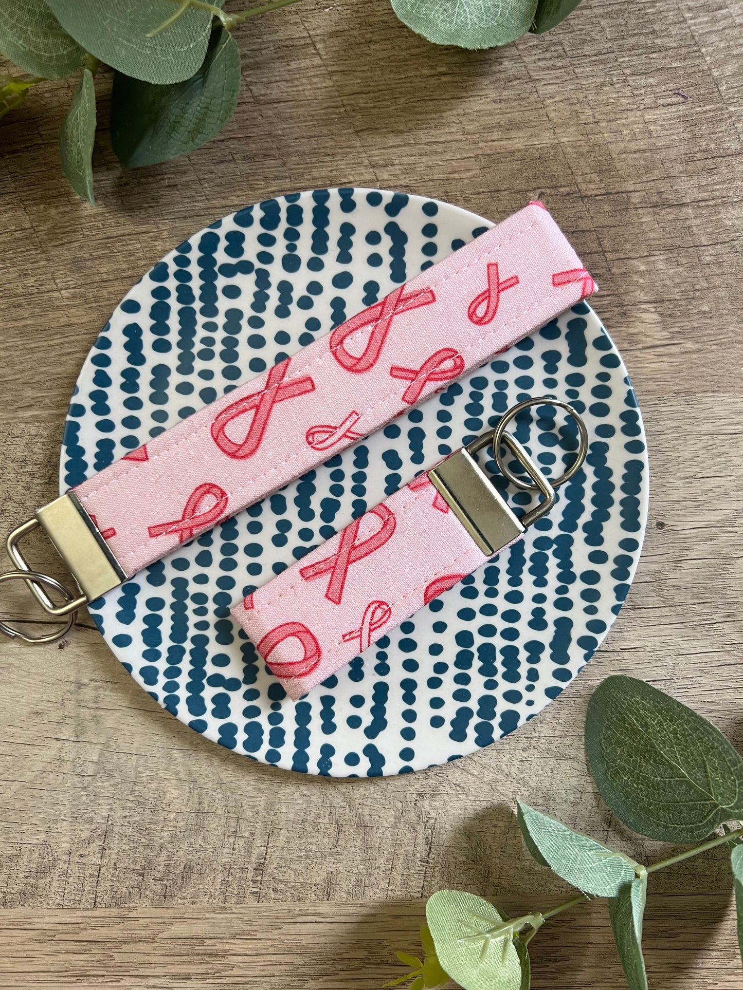 Pink Ribbon Fabric Key Fob - Wristlet and Mini Option - 1" Wide
