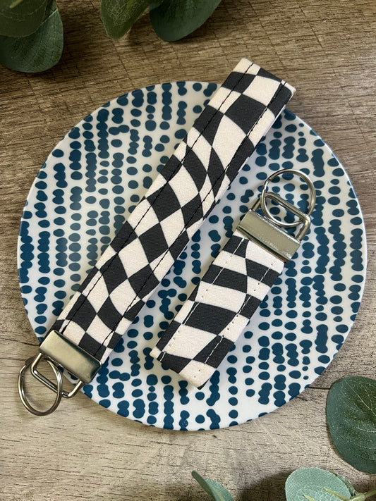 Black & White Groovy Checkered Cotton Key Fob - Wristlet and Mini Option - 1” Wide