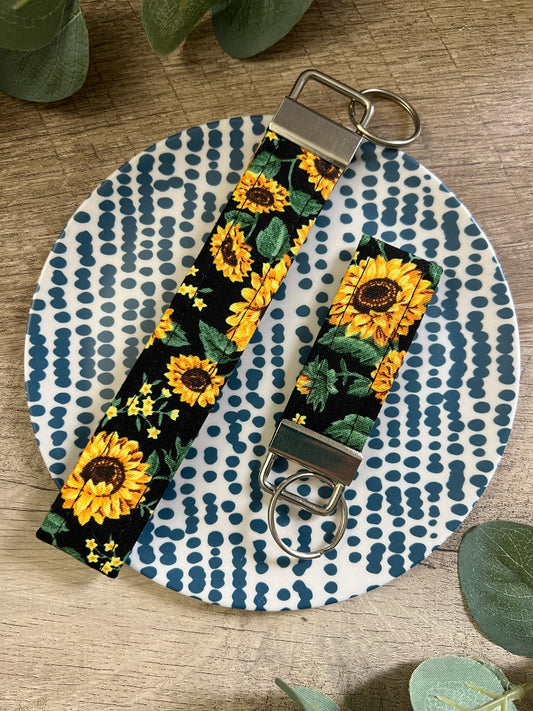 Sunflower Floral Fabric Key Fob - Wristlet and Mini Option - 1” Wide