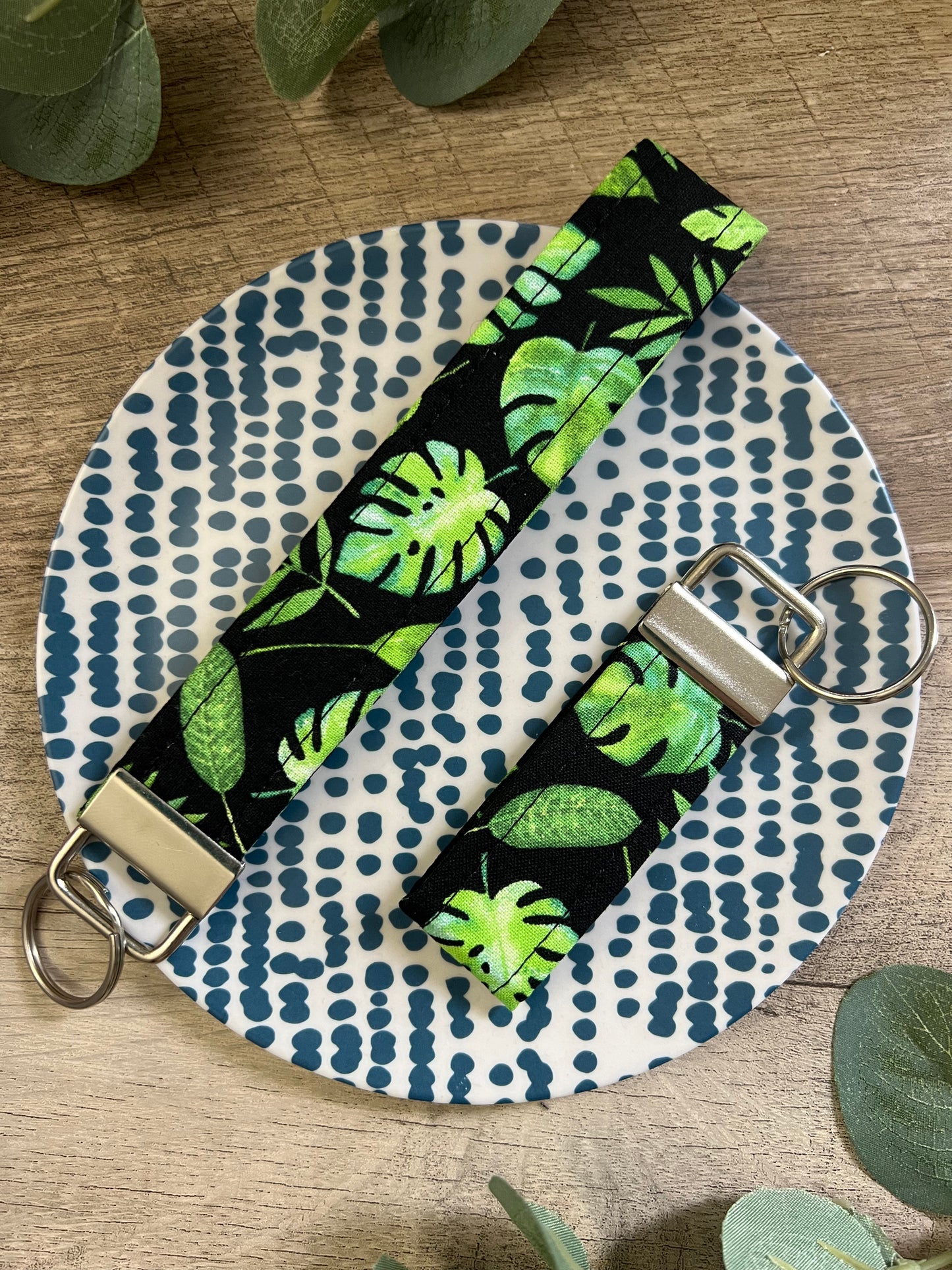 Monstera Leaves & Greenery Cotton Key Fob - Wristlet and Mini Option - 1” Wide